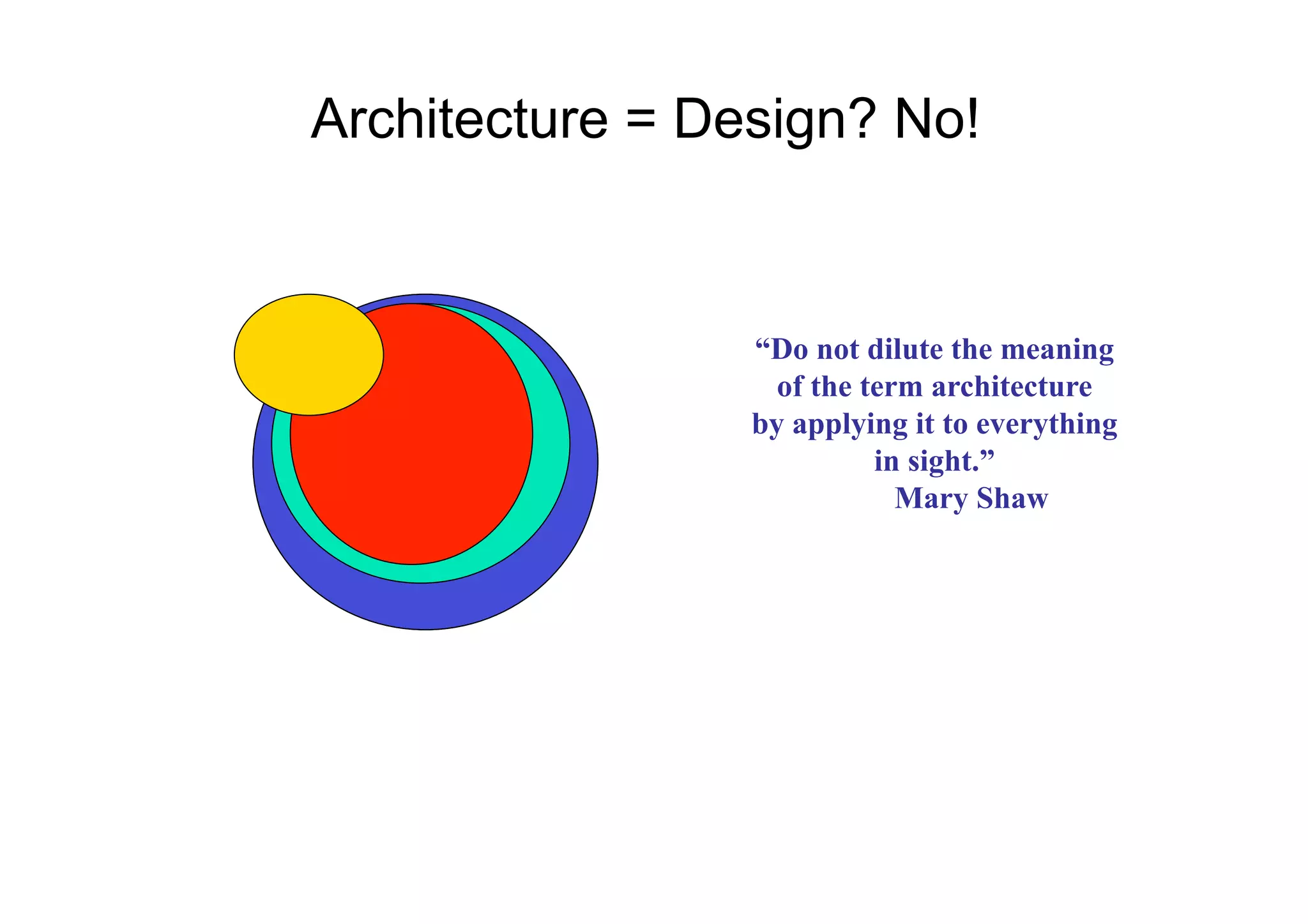 Architecture = Design? No!


                 “Do not dilute the meaning
                   of the term architecture
                 by applying it to everything
                           in sight.”
                             Mary Shaw
 