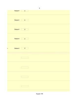 6
              Хариулт   a




              Хариулт   b




              Хариулт   d




              Хариулт   a




d. Маш сайн   Хариулт   d




                            Хуудас 106
 
