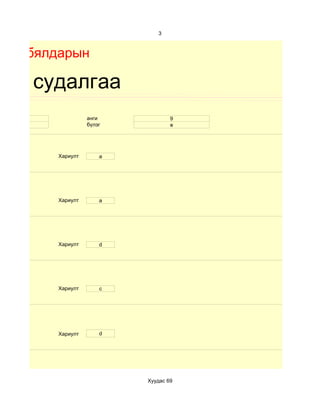3



Бие бялдарын

хим судалгаа
 15              анги            9
 эр              бүлэг           в




       Хариулт       a




       Хариулт       a




       Хариулт       d




       Хариулт       c




       Хариулт       d




                         Хуудас 69
 