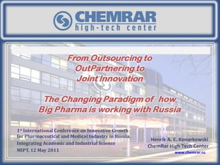 1 st  International Conference on Innovative Growth for Pharmaceutical and Medical Industry in Russia. Integrating Academic and Industrial Science MIPT, 12 May 2011 Henrik A. E. Konarkowski   ChemRar High Tech Center www.chemrar.ru   