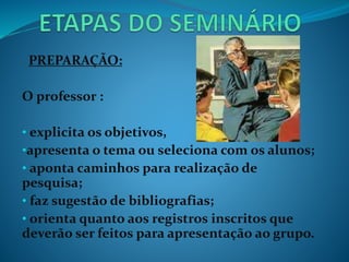 PREPARAÇÃO:
O professor :
• explicita os objetivos,
•apresenta o tema ou seleciona com os alunos;
• aponta caminhos para realização de
pesquisa;
• faz sugestão de bibliografias;
• orienta quanto aos registros inscritos que
deverão ser feitos para apresentação ao grupo.
 
