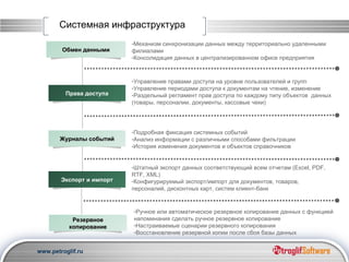 Системная инфраструктура Механизм синхронизации данных между территориально удаленными филиалами Консолидация данных в централизированном офисе предприятия Управление правами доступа на уровне пользователей и групп  Управление периодами доступа к документам на чтение, изменение Раздельный регламент прав доступа по каждому типу объектов  данных (товары, персоналии, документы, кассовые чеки) Подробная фиксация системных событий Анализ информации с различными способами фильтрации История изменения документов и объектов справочников Штатный экспорт данных соответствующий всем отчетам ( Excel, PDF, RTF, XML) Конфигурируемый экспорт/импорт для документов, товаров, персоналий, дисконтных карт, систем клиент-банк Ручное или автоматическое резервное копирование данных с функцией напоминания сделать ручное резервное копирование Настраиваемые сценарии резервного копирования Восстановление резервной копии после сбоя базы данных Резервное копирование Обмен данными Права доступа Журналы событий Экспорт и импорт 