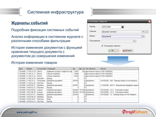 Системная инфраструктура Журналы событий Подробная фиксация системных событий Анализ информации в системном журнале с различными способами фильтрации История изменения документов с функцией сравнения текущего документа с документом до совершения изменений История изменения товаров 