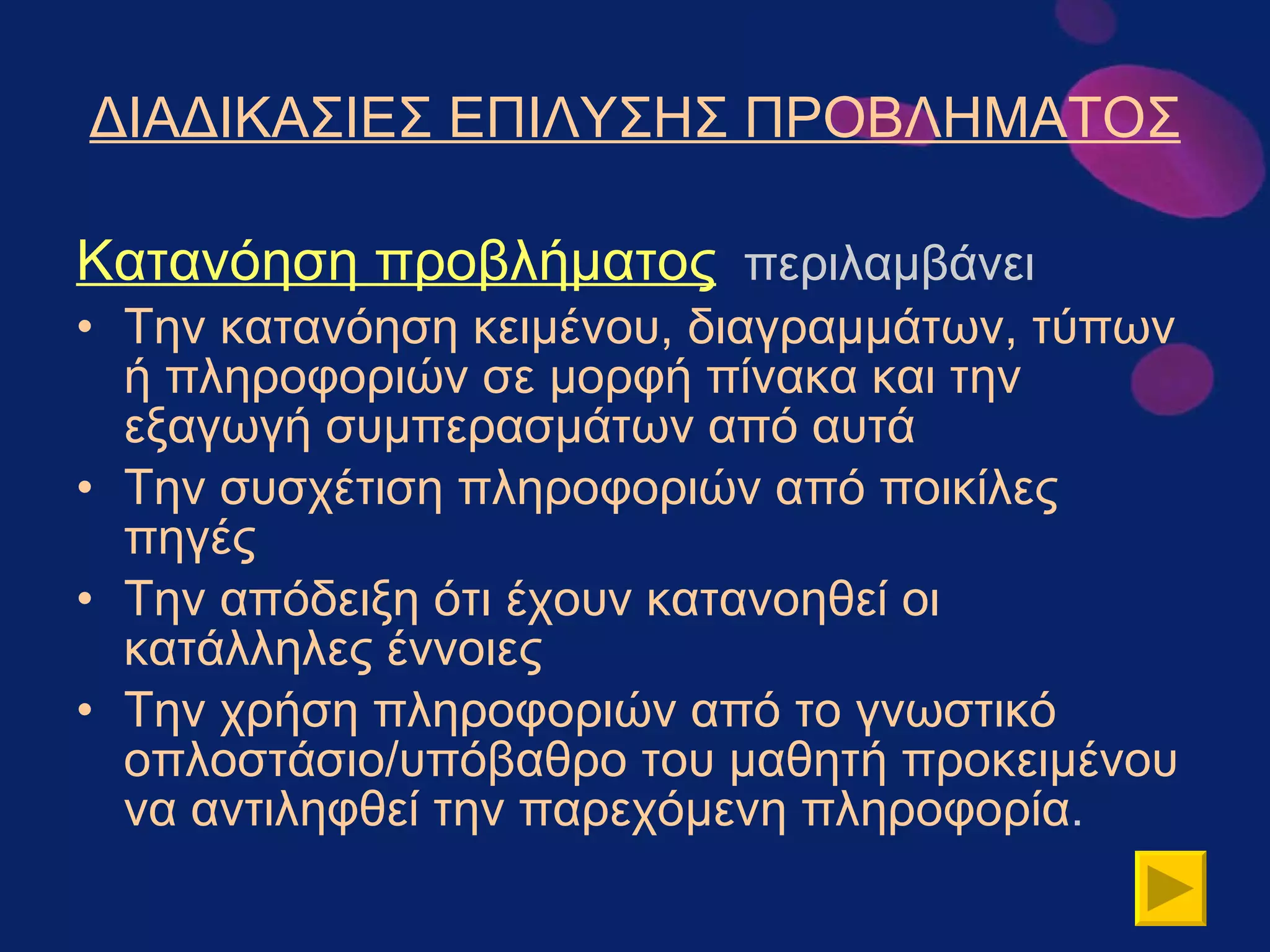 ΔΙΑΔΙΚΑΣΙΕΣ ΕΠΙΛΥΣΗΣ ΠΡΟΒΛΗΜΑΤΟΣ Κατανόηση προβλήματος   περιλαμβάνει Την κατανόηση κειμένου, διαγραμμάτων, τύπων ή πληροφοριών σε μορφή πίνακα και την εξαγωγή συμπερασμάτων από αυτά Την συσχέτιση πληροφοριών από ποικίλες πηγές Την απόδειξη ότι έχουν κατανοηθεί οι κατάλληλες έννοιες Την χρήση πληροφοριών από το γνωστικό οπλοστάσιο/υπόβαθρο του μαθητή προκειμένου να αντιληφθεί την παρεχόμενη πληροφορία . 