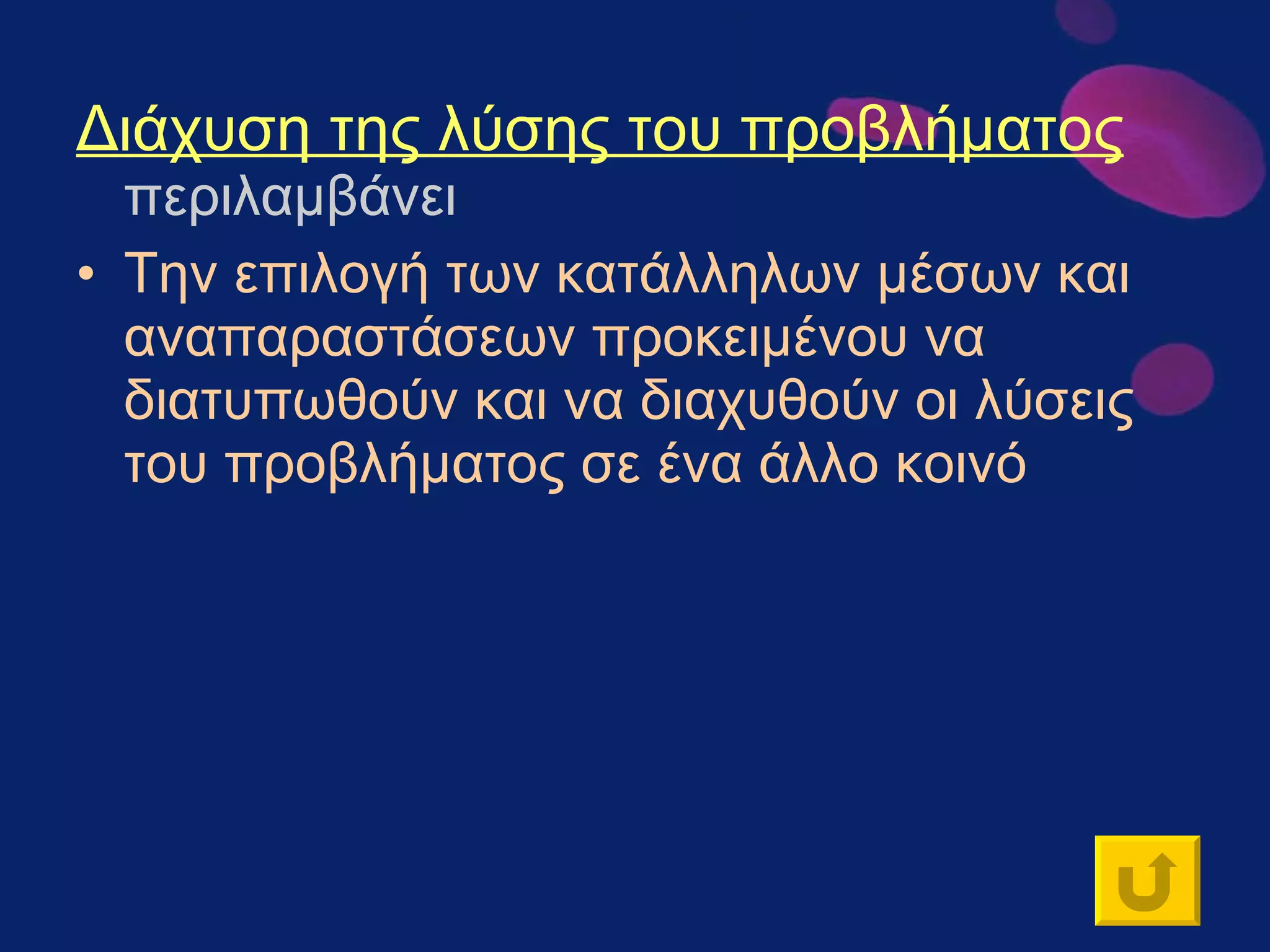 Διάχυση της λύσης του προβλήματος  περιλαμβάνει Την επιλογή των κατάλληλων μέσων και αναπαραστάσεων προκειμένου να διατυπωθούν και να διαχυθούν οι λύσεις του προβλήματος σε ένα άλλο κοινό 