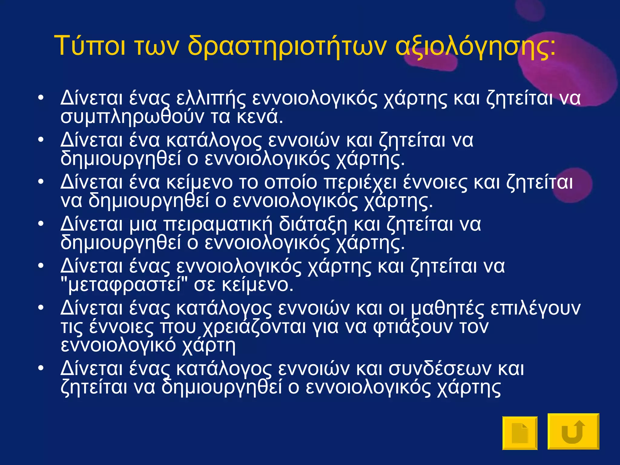 Τύποι των δραστηριοτήτων αξιολόγησης:   Δίνεται ένας ελλιπής εννοιολογικός χάρτης και ζητείται να συμπληρωθούν τα κενά.  Δίνεται ένα κατάλογος εννοιών και ζητείται να δημιουργηθεί ο εννοιολογικός χάρτης.  Δίνεται ένα κείμενο το οποίο περιέχει έννοιες και ζητείται να δημιουργηθεί ο εννοιολογικός χάρτης.  Δίνεται μια πειραματική διάταξη και ζητείται να δημιουργηθεί ο εννοιολογικός χάρτης.  Δίνεται ένας εννοιολογικός χάρτης και ζητείται να "μεταφραστεί" σε κείμενο.  Δίνεται ένας κατάλογος εννοιών και οι μαθητές επιλέγουν τις έννοιες που χρειάζονται για να φτιάξουν τον εννοιολογικό χάρτη  Δίνεται ένας κατάλογος εννοιών και συνδέσεων και ζητείται να δημιουργηθεί ο εννοιολογικός χάρτης 