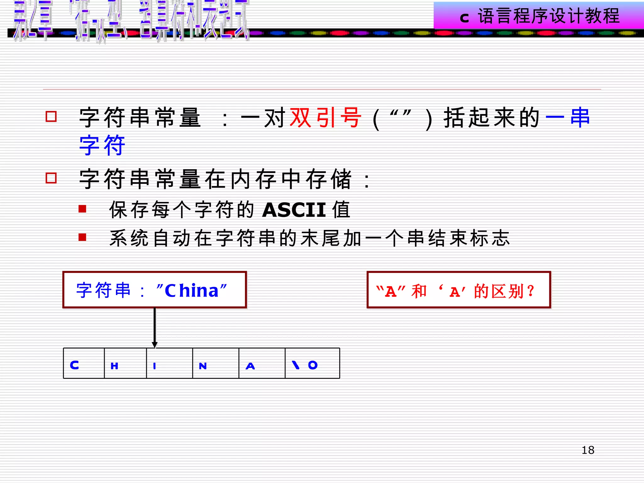 字符串常量 ：一对 双引号 （“”）括起来的 一串字符   字符串常量在内存中存储： 保存每个字符的 ASCII 值 系统自动在字符串的末尾加一个串结束标志 字符串： "China"   “ A” 和‘ A’ 的区别？ \0 a n i h C 