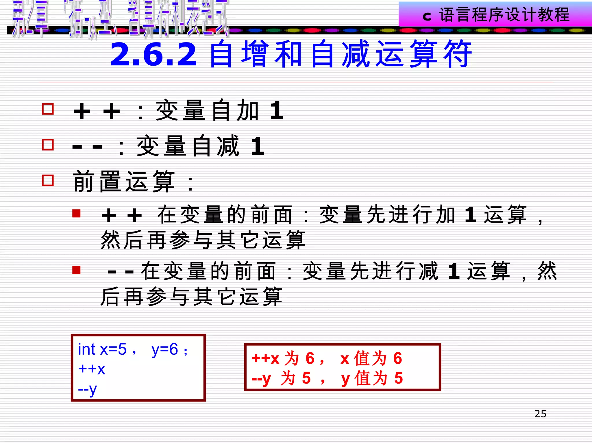 2.6.2 自增和自减运算符  + + ：变量自加 1 - - ：变量自减 1 前置运算： + +  在变量的前面：变量先进行加 1 运算，然后再参与其它运算 - - 在变量的前面：变量先进行减 1 运算，然后再参与其它运算 int x=5 ， y=6 ； ++x  --y  ++x 为 6 ， x 值为 6  --y  为 5  ， y 值为 5 