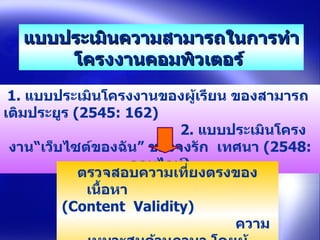 แบบประเมินความสามารถในการทำโครงงาȨอมพิวเตอร์   1 .  แบบประเมินโครงงานของผู้เรียน ของสามารถ  เติมประยูร  (2545 : 162 )  2.   แบบประเมินโครงงาน “ เว็บไซต์ของฉัน ”  ของจงรัก  เทศนา  (2548 :  ออนไลน์ ) ตรวจสอบความเที่ยงตรงของเนื้อหา  (Content  Validity)  ความเหมาะสมด้านภาษา โดยผู้เชี่ยวชาญ  ค่า  IOC 