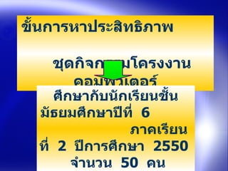 ขั้นการหาประสิทธิภาพ  ชุดกิจกรรมโครงงาȨอมพิวเตอร์ ศึกษากับนักเรียนชั้นมัธยมศึกษาปีที่  6  ภาคเรียนที่  2  ปีการศึกษา  2550  จำนวน  50  คน  