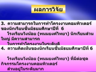 ผลการวิจัย 3.  ความสามารถในการทำโครงงาȨอมพิวเตอร์ของนักเรียนชั้นมัธยมศึกษาปีที่  6   โรงเรียนวังน้อย  ( พนมยงค์วิทยา )  นักเรียนส่วนใหญ่ มีความสามารถ   ในการทำโครงงานในระดับดี   4.  ความคิดเห็นของนักเรียนชั้นมัธยมศึกษาปีที่  6    โรงเรียนวังน้อย  ( พนมยงค์วิทยา )   ที่มีต่อชุดกิจกรรมโครงงาȨอมพิวเตอร์    ส่วนอยู่ในระดับมาก   