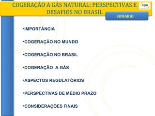 COGERAÇÃO A GÁS NATURAL: PERSPECTIVAS E DESAFIOS NO BRASIL SUMÁRIO IMPORTÂNCIA COGERAÇÃO NO MUNDO COGERAÇÃO NO BRASIL COGERAÇÃO  A GÁS ASPECTOS REGULATÓRIOS PERSPECTIVAS DE MÉDIO PRAZO CONSIDERAÇÕES FINAIS 