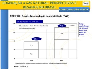 COGERAÇÃO A GÁS NATURAL: PERSPECTIVAS E DESAFIOS NO BRASIL Fonte:  EPE (2011) PDE 2020: Brasil. Autoprodução de eletricidade (TWh) 38,3 71,0  % 2010-2020     6,4% a.a. (*) Autoprodução concentrada nos segmentos: siderurgia, papel e celulose e petroquímica. Carga equivalente: 10 GWmed (mais de 1 usina de Itaipu) PERSPECTIVAS: MÉDIO PRAZO 
