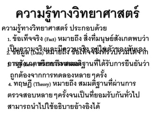 ความร้ ู ทางวิทยาศาสตร์
ความรู้ ทางวิทยาศาสตร์ ประกอบด้ วย
 1. ข้ อเท็จจริ ง (Fact) หมายถึง สิ่งที่มนุษย์ สังเกตพบว่ า
 เป็ข้นความจริงหมายถึง ข้ อเท็ง จริงที่รวบรวมได้เอง
 2. อมูล (Data)    และมีความจริ จอยู่ในตัวของมัน จาก
 การสังเกตหรื อการทดลองฐานที่ได้ รับการยืนยันว่ า
 3. กฎ (Law) หมายถึง สมมติ
   ถูกต้ องจากการทดลองหลายๆครั ง          ้
  4. ทฤษฎี (Theory) หมายถึง สมมติฐานที่ผ่านการ
 ตรวจสอบหลายๆครั งจนเป็ นที่ยอมรั บกันทั่วไป
                           ้
 สามารถนาไปใช้ อธิบายอ้ างอิงได้
 