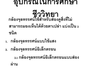 อุปกรณ์ ในการศึกษา
              ชีช้วสวิทบยา ส่ิงที่ไม่
 กล้ องจุลทรรศน์ ใ าหรั ส่ องดู
  สามารถมองเห็นได้ ด้วยตาเปล่ า แบ่ งเป็ น 2
  ชนิด
1. กล้ องจุลทรรศน์ แบบใช้ แสง

2. กล้ องจุลทรรศน์ อิเล็กตรอน

       2.1 กล้ องจุลทรรศน์ อิเล็กตรอนแบบส่ อง
   ผ่ าน
 
