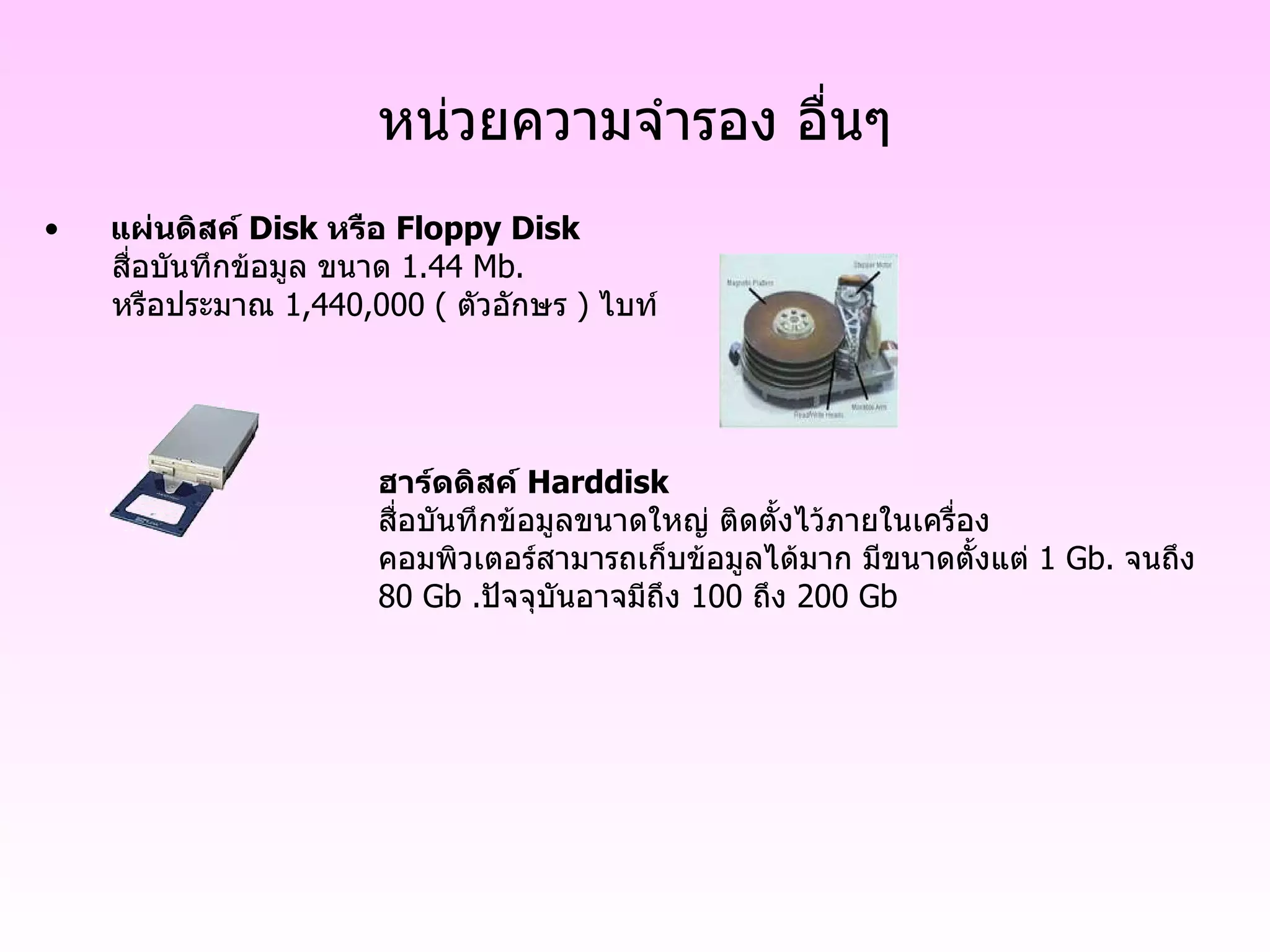 หน่วยความจำรอง อื่นๆ แผ่นดิสค์  Disk  หรือ  Floppy Disk   สื่อบันทึกข้อมูล ขนาด  1.44 Mb.   หรือประมาณ  1,440,000 (  ตัวอักษร  )  ไบท์ ฮาร์ดดิสค์   Harddisk สื่อบันทึกข้อมูลขนาดใหญ่ ติดตั้งไว้ภายในเครื่อง คอมพิวเตอร์สามารถเก็บข้อมูลได้มาก มีขนาดตั้งแต่  1 Gb.  จนถึง   80 Gb . ปัจจุบันอาจมีถึง  100  ถึง  200 Gb  