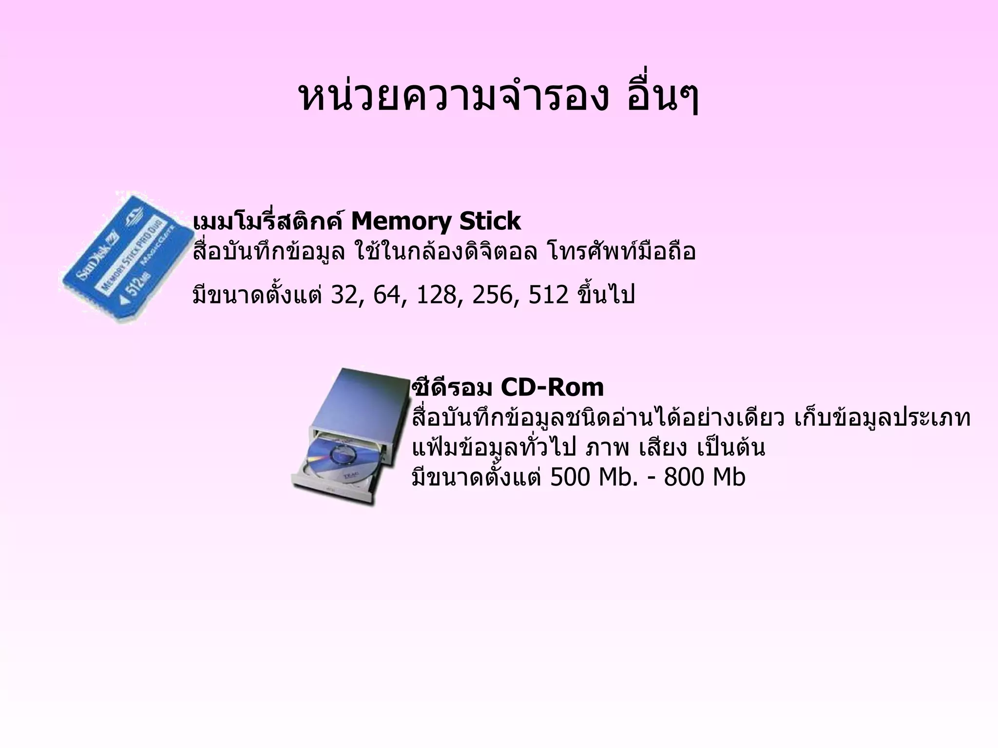 หน่วยความจำรอง อื่นๆ เมมโมรี่สติกค์  Memory Stick สื่อบันทึกข้อมูล ใช้ในกล้องดิจิตอล โทรศัพท์มือถือ มีขนาดตั้งแต่  32, 64, 128, 256, 512  ขึ้นไป   ซีดีรอม  CD-Rom  สื่อบันทึกข้อมูลชนิดอ่านได้อย่างเดียว เก็บข้อมูลประเภท    แฟ้มข้อมูลทั่วไป ภาพ เสียง เป็นต้น มีขนาดตั้งแต่  500 Mb. - 800 Mb  