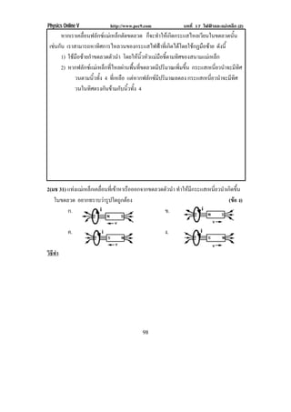 Physics Online V           http://www.pec9.com             บทที่ 17 ไฟฟาและแมเหล็ก (2)
       หากเราเคลอนฟลกซแมเ หลกตดขดลวด กจะทาใหเ กดกระแสไหลเวยนในขดลวดนน
                  ่ื      ั         ็ ั            ็ ํ     ิ           ี         ้ั
 เชนกน เราสามารถหาทศการไหลวนของกระแสไฟฟาทเ่ี กดไดโดยใชกฏมอซาย ดงน้ี
    ั                     ิ                              ิ          ื  ั
       1) ใชมอซายกาขดลวดตวนา โดยใหนวหวแมมอชตามทศของสนามแมเ หลก
             ื  ํ                ั ํ         ้ิ ั  ื ้ี   ิ                ็
       2) หากฟลกซแมเ หลกทไหลผานพนทขดลวดมปรมาณเพมขน กระแสเหนยวนาจะมทศ
                 ั           ็ ่ี        ้ื ่ี        ี ิ     ่ิ ้ึ        ่ี ํ ี ิ
             วนตามนวทง 4 ทเ่ี หลอ แตหากฟลักซมีปริมาณลดลง กระแสเหนยวนาจะมทศ
                       ้ิ ้ั           ื                                   ่ี ํ ี ิ
             วนในทศตรงกนขามกบนวทง 4
                     ิ         ั  ั ้ิ ้ั




2(มช 31) แทงแมเ หลกเคลอนทเ่ี ขาหาเรอออกจากขดลวดตวนา ทาใหมกระแสเหนยวนาเกดขน
                  ็ ่ื             ื           ั ํ ํ  ี        ่ี ํ ิ ้ึ
   ในขดลวด อยากทราบวารปใดถกตอง
                         ู      ู                                    (ขอ ง)
                                                                         
         ก.                                      ข.

          ค.                                       ง.

วธทา
 ิี ํ




                                         98
 