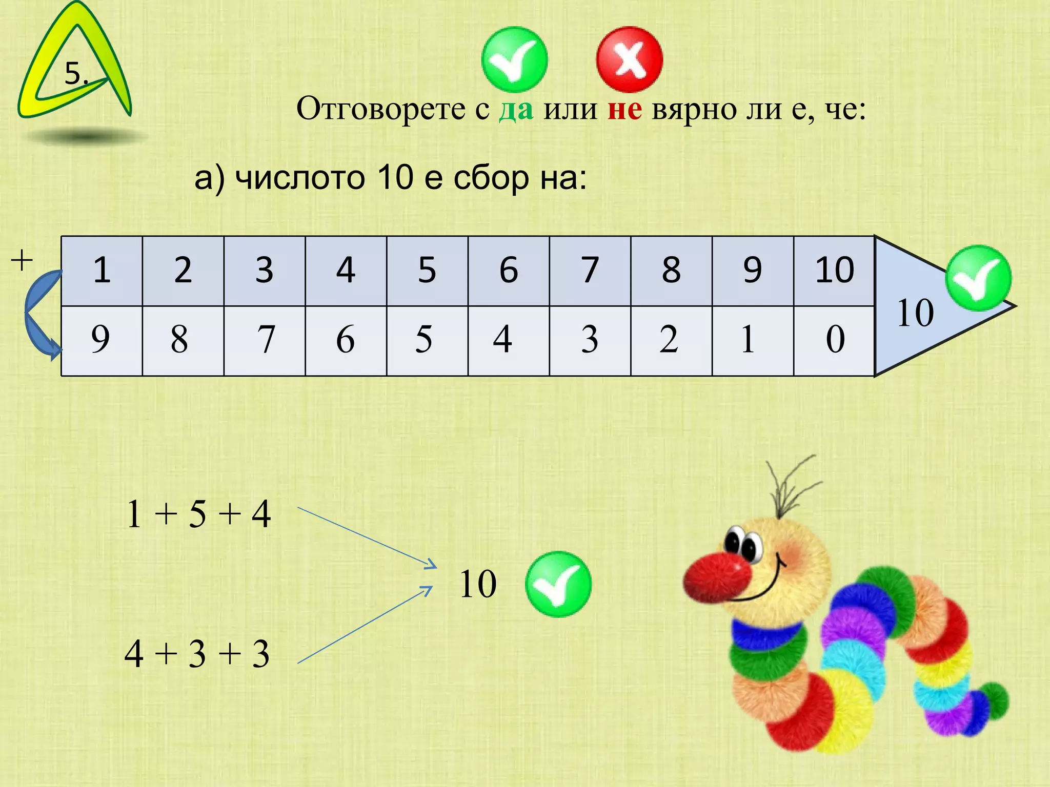 Отговорете с  да  или  не  вярно ли е, че: 10 + а) числото 10 е сбор на: 9 8 7 6 5 4 3 2 1 0 10 5. 1 2 3 4 5 6 7 8 9 10 1 + 5 + 4  4 + 3 + 3  