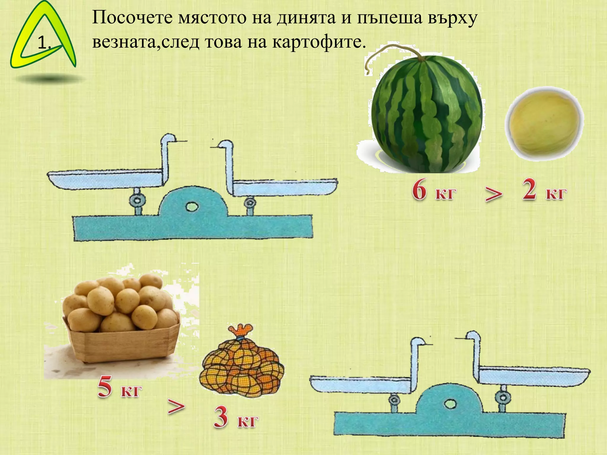 Посочете мястото на динята и пъпеша върху везната,след това на картофите. 1. 