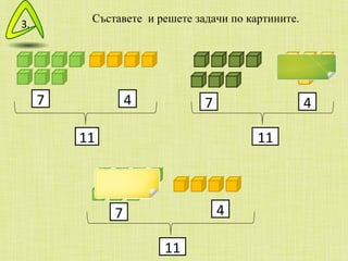 Съставете  и решете задачи по картините.  11 4 7 3. 7 4 ? 4 ? 11 7 ? 11 