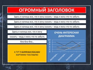 ОГРОМНЫЙ ЗАГОЛОВОК
    Здесь я напишу все, что я хочу сказать – ведь я могу что-то забыть

    Здесь я напишу все, что я хочу сказать – ведь я могу что-то забыть

    Здесь я напишу все, что я хочу сказать – ведь я могу что-то забыть

  Здесь я напишу все, что я хочу            ОЧЕНЬ ИНТЕРЕСНАЯ
сказать – ведь я могу что-то забыть           ДИАГРАММА
                                      10
          бла-бла-бла…                 8
                                       6
                                       4
                                       2
    А ТУТ Я БУРЯЧКИ ПОСАЖУ             0
      КАРТИНКУ ПОСТАВЛЮ
 