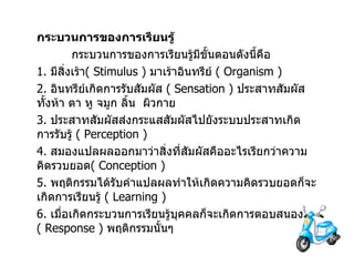กระบวนการของการเรียนรู้            กระบวนการของการเรียนรู้มีขั้นตอนดังนี้คือ 1.  มีสิ่งเร้า ( Stimulus )  มาเร้าอินทรีย์   ( Organism )  2.  อินทรีย์เกิดการรับสัมผัส   ( Sensation )  ประสาทสัมผัสทั้งห้า   ตา หู จมูก ลิ้น  ผิวกาย 3.  ประสาทสัมผัสส่งกระแสสัมผัสไปยังระบบประสาทเกิดการรับรู้   ( Perception )  4.  สมองแปลผลออกมาว่าสิ่งที่สัมผัสคืออะไรเรียกว่าความคิดรวบยอด ( Conception )  5.  พฤติกรรมได้รับคำแปลผลทำให้เกิดความคิดรวบยอดก็จะเกิดการเรียนรู้   ( Learning ) 6.  เมื่อเกิดกระบวนการเรียนรู้บุคคลก็จะเกิดการตอบสนอง   ( Response )  พฤติกรรมนั้นๆ   