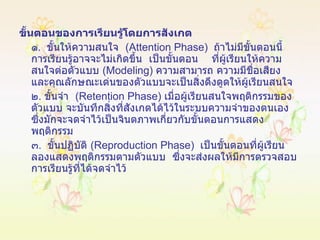 ขั้นตอนของการเรียนรู้โดยการสังเกต ๑ .  ขั้นให้ความสนใจ  ( Attention Phase )  ถ้าไม่มีขั้นตอนนี้ การเรียนรู้อาจจะไม่เกิดขึ้น  เป็นขั้นตอน  ที่ผู้เรียนให้ความสนใจต่อตัวแบบ  ( Modeling )  ความสามารถ ความมีชื่อเสียง และคุณลักษณะเด่นของตัวแบบจะเป็นสิ่งดึงดูดให้ผู้เรียนสนใจ ๒ .  ขั้นจำ  ( Retention Phase )  เมื่อผู้เรียนสนใจพฤติกรรมของตัวแบบ จะบันทึกสิ่งที่สังเกตได้ไว้ในระบบความจำของตนเอง  ซึ่งมักจะจดจำไว้เป็นจินตภาพเกี่ยวกับขั้นตอนการแสดงพฤติกรรม ๓ .  ขั้นปฏิบัติ  ( Reproduction Phase )  เป็นขั้นตอนที่ผู้เรียนลองแสดงพฤติกรรมตามตัวแบบ  ซึ่งจะส่งผลให้มีการตรวจสอบการเรียนรู้ที่ได้จดจำไว้ 