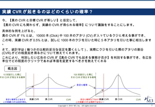 実績 CVR が起きるのはどのくらいの確率？ 今、【真の CVR と目標 CVR が等しい】と仮定して、 【真の CVR にも関わらず、実績の CVR が得られる確率】について議論をすることにします。 さて、統計学は ( 幾つかの比較的妥当な仮定を置くとして ) 、実際にクジを引いた際のアタリの割合 (CVR) がどの程度起き得るかについて教えてくれます。 これにより、判別したい広告の CVR が【真の CVR でも起きる事態か否か】を判別する事ができ、各広告単位でどの程度のクリックであれば単価を変更するべきかを教えてくれる 概念図 真 CVR 実績 CVR CVR 10 回試行した際に その CVR が発生する確率 真 CVR 実績 CVR CVR 100 回試行した際に その CVR が発生する確率 見切り確率以上なので この実績 CVR は起き得る。 見切り確率以下なので この実績 CVR は偶然ではない！ 見切り確率 具体的な例を上げると、 真の CVR が 1% とは、 10000 本 (Click) 中 100 本のアタリ (CV) が入っているクジと考える事ができ、 この時、実績 CVR が 0.5% とは、試しに 1000 本のクジを引いた時に 5 本アタリを引いた事に相当します。 