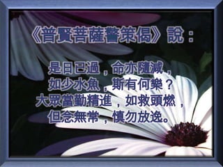 《普賢菩薩警策偈》說：是日已過，命亦隨減，如少水魚，斯有何樂？大眾當勤精進，如救頭燃，但念無常，慎勿放逸。