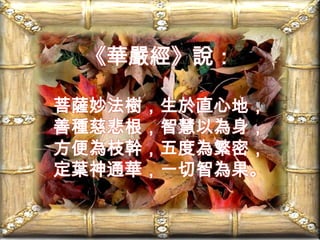 《華嚴經》說：菩薩妙法樹，生於直心地，善種慈悲根，智慧以為身，方便為枝幹，五度為繁密，定葉神通華，一切智為果。