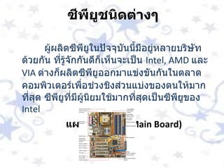 ซีพียูชนิดต่างๆ ผู้ผลิตซีพียูในปัจจุบันนี้มีอยู่หลายบริษัทด้วยกัน ที่รู้จักกันดีก็เห็นจะเป็น  Intel, AMD  และ  VIA  ต่างก็ผลิตซีพียูออกมาแข่งขันกันในตลาดคอมพิวเตอร์เพื่อช่วงชิงส่วนแบ่งของตนให้มากที่สุด ซีพียูที่มีผู้นิยมใช้มากที่สุดเป็นซีพียูของ  Intel  แผงวงจรหลัก (Main Board) 