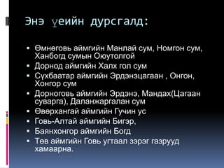 Энэ үеийн дурсгалд:Өмнөговь аймгийн Манлай сум, Номгон сум, Ханбогд сумын ОюутолгойДорнод аймгийн Халх гол сумСүхбаатар аймгийн Эрдэнэцагаан , Онгон, Хонгор сумДорноговь аймгийн Эрдэнэ, Мандах(Цагаан суварга), Даланжаргалан сумӨвөрхангай аймгийн Гучин усГовь-Алтай аймгийн Бигэр, Баянхонгор аймгийн БогдТөв аймгийн Говь угтаал зэрэг газрууд хамаарна. 