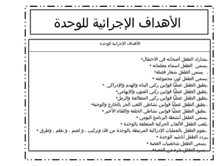 الأهداف الإجرائية للوحدة   يشارك الطفل أصحابه في الاحتفال . يسمي  الطفل اسماء معلماته  . يسمي الطفل شعار فصله .  يسمي الطفل لون مجموعته  . يطبق الطفل عملياً قوانين ركني البناء والهدم والإدراكي  . يطبق الطفل عملياً قوانين ركني الفنون والإيهامي . يطبق الطفل عملياً قوانين ركني المطالعة والرمل . يطبق الطفل عملياً قوانين نشاطي اللعب الحر بالخارج والوجبة .  يطبق الطفل عملياً قوانين نشاطي الحلقة واللقاء الأخير  .  يسمي الطفل أنشطة البرنامج اليومي  . يلعب الطفل الألعاب الحركية المتعلقة بالوحدة  . يقوم الطفل بالعمليات الإدراكية المرتبطة بالوحدة من فك وتركيب ، و لضم ، و نظم ، وطرق  .  يردد الطفل أناشيد الوحدة  , يسمي الطفل شخصيات القصة  .  يسرد الطفل جزء من القصة   . الأهداف الإجرائية للوحدة  
