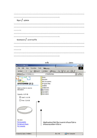 ………………………………………………………………………………………
……………………………………………………….
 ปัญหา   /   อุปสรรค
………………………………………………………………………………………
………………………………………………………………………………………
……….
………………………………………………………………………………………
……………………………………………………….
 ข้อเสนอแนะ    /   แนวทางแก้ไข
………………………………………………………………………………………
………………………………………………………………………………………
……….
………………………………………………………………………………………
……………………………………………………….

                                   ลงชือ ………………………………
                                       ่             .…ผู้สอน
                                                (……………….. ……….)
                                 ตำาแหน่ง………………………………………………

                                             ………../…………./………….
                                   ภาพประกอบ




                                 สัญลักษณ์ของไฟล์ ซึ่งอาจแตกต่างกันออกไปตาม
                                 ลักษณะของชนิดการใช้งาน
 