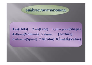 1.จุด(Dots) 2.เส้น(Line) 3.รูปร่าง รูปทรง(Shape)
4.ปริมาตร(Volume) 5.             (Texture)
6.บริเวณว่าง(Space) 7.สี(Color) 8.       (Value)
 