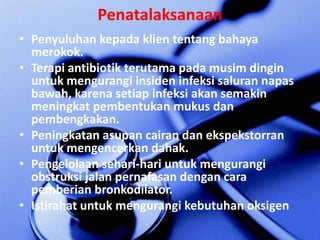 PenatalaksanaanPenyuluhankepadakliententangbahayamerokok.Terapiantibiotikterutamapadamusimdinginuntukmengurangiinsideninfeksisalurannapasbawah, karenasetiapinfeksiakansemakinmeningkatpembentukanmukusdanpembengkakan.Peningkatanasupancairandanekspekstorranuntukmengencerkandahak.Pengelolaansehari-hariuntukmengurangiobstruksijalanpernafasandengancarapemberianbronkodilator.Istirahatuntukmengurangikebutuhanoksigen