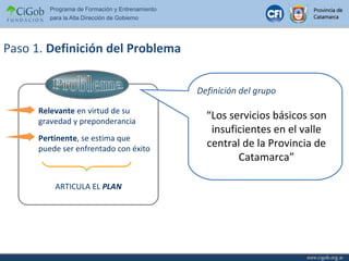 ARTICULA EL   PLAN Definición del grupo “ Los servicios básicos son insuficientes en el valle central de la Provincia de Catamarca ” Paso 1.  Definición del Problema Problema Relevante  en virtud de su gravedad y preponderancia Pertinente , se estima que puede ser enfrentado con éxito 