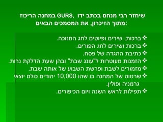 במחנה הריכוז  GURS ,  שיחזר רבי מנחם בכתב ידו  מתוך הזיכרון ,  את המסמכים הבאים : ברכות ,  שירים ופיוטים לחג החנוכה .  ברכות ושירים לחג הפורים . כתיבת ההגדה של פסח . הזמנות מעוטרות ל " עונג שבת "  ובהן שעת הדלקת נרות . מזמורים לשבת ופרשת השבוע של אותה שבת . שרטוט של המחנה בו שהו  10,000  יהודים כולם יוצאי  גרמניה ופולין . תפילות לראש השנה ויום הכיפורים . 