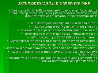 תאור ימיו האחרונים של רבי מנחם קוריאט במכתב שנשלח על ידי גיסו מר לאון בן - אסייג ב -30.1.1968  אל בניו  ( של המנוח )  ייבדלו לחיים ארוכים :  מר לאון קוריאט , ד " ר אברהם קוריאט ואחותם דיינה שנפטרה לאחרונה ,  מתוארים ימיו האחרונים לפני מותו : המנוח סבל מכאבי גב ותעוקות חזה במשך מספר ימים .  המשיך בשגרת חייו ,  הופיע לתפילות ונפגש עם חבריו .  ביום שבת האחרון התפלל כשליח ציבור וקרא את  " פרשת וירא ".  בערב שבת ולמחרתו בצהריים סעדו יחדיו כרגיל לאון ומנחם .  למחרתו ביום ראשון  28.1.1968  ערך טקס חתונה לזוג .  לאחר תפילת ערבית התלונן על כאבים חדים בחזה מלווים בצורך להקיא .  רבי מנחם נכנס למיטה  , נמדד לו חום הגוף ונמצא תקין . הרופא שבדק אותו בבוקר מסר ללאון בן - אסייג שמצב האיש הינו שכיב מרע .  לאון ניסה לעודד את רבי מנחם שיעסיק עצמו בהכנה לקריאת התורה של השבת הקרובה . רבי מנחם ביקש מלאון שידאג שמישהו אחר יתכונן לקריאה כי לפי תחושתו הוא לא יזכה לכך .  לאון המשיך להיות בקרבתו .  