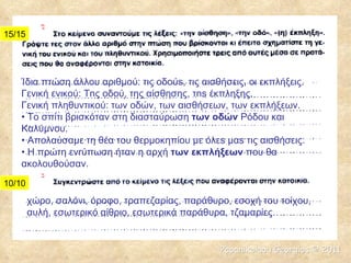 Ίδια πτώση άλλου αριθμού: τις οδούs, τις αισθήσεις, οι εκπλήξεις. Γενική ενικού: Tnς οδού, της αίσθησης, τns έκπληξης. Γενική πληθυντικού: των οδών, των αισθήσεων, των εκπλήξεων. •  Το σπίτι βρισκόταν στη διασταύρωση  των οδών  Ρόδου και Καλύμνου. •  Απολαύσαμε τη θέα του θερμοκηπίου με όλεs μαs τις αισθήσεις. •  Η πρώτη ενrύπωση ήταν η αρχή  των εκπλήξεων  που θα ακολουθούσαν. χώρο, σαλόνι, όροφο, τραπεζαρίας, παράθυρο, εσοχή του τοίχου, αυλή, εσωτερικό αίθριο, εσωτερικά παράθυρα, τζαμαρίες 15/15 10/10 Papanikolaou Georgios  ©  2011 