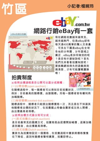 竹區                      小記者:楊婉玲




eBay全球分布圖
            網路行銷eBay有一套
                   現在網路拍賣越來越常見、
                   越來越熱門，但是eBay卻有
                   每天達400萬筆的驚人交易量
                   ，可見右下圖是eBay在全球
                   各地的分佈圖，分布區域之
                   廣泛，eBay是如何做到的呢
                   ？是否有什麼秘訣呢？首先
                   我們先來看看拍賣制度吧！
                   要挑戰網拍得先把遊戲規則
                   搞清楚，才有可能屢戰屢勝
                   唷！
拍賣制度
※依照出價過程是否公開可以區分成兩種：
(一)公開招標(open auction)：
                             公開競標過程
在競標過程中，每一競標者可以得知目前拍賣狀況，
例如：目前最高的競標價、由誰競標。而每一競標者皆有權利再
加碼競標。
(二)秘密競標(sealed-bid auction)：
競標過程中，競標者只能提出競標價格一次，而且是在不知道其
他競標者出價的狀況下，在拍賣截止時會由賣家或主持人開標，
由出價最高者得標。
 ※依照出價方式區分則可分成：
 (一)英式拍賣(English auction)
 是目前最常見的競標方式，拍賣物是由底價開始喊價，逐漸加碼
 直到最後，由出價最高得標。
 (二)荷式拍賣(Dutch auction)
 賣家先為拍賣物設定一個價格，在拍賣過程中賣家將價格慢慢
 往下降低，直到有競標者聲明購買，拍賣即停止。
 