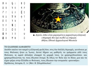 ▲ Αγγείο, όπ ου είναι χαραγμένη η αρχαιότερη ελληνική 
επ ιγραφήπ ου έχει σωθεί ως σήμερα. 
Αθήνα, Εθνικό Αρχαιολογικό Μουσείο 
ΤΟ ΕΛΛΗΝΙΚΟ ΑΛΦΑΒΗΤΟ 
Λοιπόν εκείνο τον καιρό η ελληνική φυλή που, στις πιο πολλές περιοχές, γειτόνευε με 
τους Φοίνικες ήταν οι Ίωνες. Αυτοί πήραν ως μαθητές τα γράμματα από τους 
Φοίνικες, κι αφού άλλαζαν ελαφρά τη μορφή τους, τα χρησιμοποιούσαν, και 
χρησιμοποιώντας τα, τους έδωσαν όνομα. Κι όπως το’ θελε και το δίκιο, μια και τα 
είχαν φέρει στην Ελλάδα οι Φοίνικες, τους έδωσαν την ονομασία «φοινικήια». 
Ηρόδοτος, Ιστορία, Ε, 58 (Μετ. Η. Σπυρόπουλου) 
 