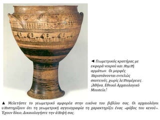 ◄ Γεωμετρικός κρατήρας με 
εκφορά νεκρού καιπ ομπ ή 
αρμάτων. Οι μορφές 
π αριστάνονται εντελώς 
σκοτεινές, χωρίς λεπ τομέρειες. 
( Αθήνα, Εθνικό Αρχαιολογικό 
Μουσείο) 
▲ Μελετήστε το γεωμετρικό αμφορέα στην εικόνα του βιβλίου σας. Οι αρχαιολόγοι 
υπ οστηρίζουν ότι τη γεωμετρική αγγειογραφία τη χαρακτηρίζει ένας « φόβος του κενού». 
Έχουν δίκιο; Δικαιολογήστε την άπ οψή σας. 
 