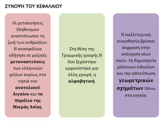 Οι μετακινήσεις 
πληθυσμών 
αναστάτωσαν τη 
ζωή των ανθρώπων. 
Η ανασφάλεια 
οδήγησε σε μαζικές 
μεταναστεύσεις 
των ελληνικών 
φύλων κυρίως στα 
νησιά του 
ανατολικού 
Αιγαίου και τα 
παράλια της 
Μικράς Ασίας. 
Στη θέση της 
Γραμμικής γραφής Β 
που ξεχάστηκε 
εμφανίστηκε μια 
άλλη γραφή, η 
αλφαβητική. 
Η καλλιτεχνική 
ευαισθησία βρίσκει 
έκφραση στην 
ανέγερση νέων 
ναών, τη δημιουργία 
χάλκινων ειδωλίων 
και την αποτύπωση 
γεωμετρικών 
σχημάτων πάνω 
στα αγγεία. 
ΣΥΝΟΨΗ ΤΟΥ ΚΕΦΑΛΑΙΟΥ 
 