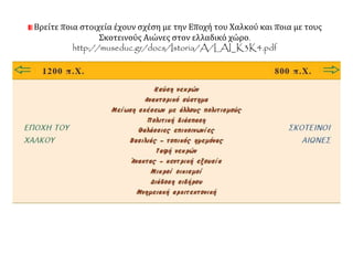 Βρείτε ποια στοιχεία έχουν σχέση με την Εποχή του Χαλκού και ποια με τους 
Σκοτεινούς Αιώνες στον ελλαδικό χώρο. 
http://museduc.gr/docs/Istoria/A/LAI_K3K4.pdf 
