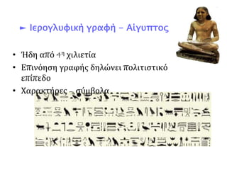 ► Ιερογλυφική γραφή - Αίγυπτος 
• Ήδη από 4η χιλιετία 
• Επινόηση γραφής δηλώνει πολιτιστικό 
επίπεδο 
• Χαρακτήρες – σύμβολα 
 