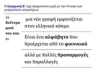 Η Γραμμική Β΄ είχε εξαφανιστεί μαζί με την πτώση των 
μυκηναϊκών ανακτόρων. 
το 
δεύτερο 
μισό 
του 8ου 
αι. 
μια νέα γραφή εμφανίζεται 
στον ελληνικό κόσμο. 
Είναι ένα αλφάβητο που 
προέρχεται από το φοινικικό 
αλλά με πολλές προσαρμογές 
και παραλλαγές. 
 