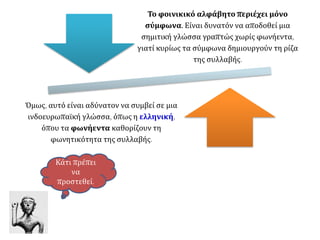 Το φοινικικό αλφάβητο περιέχει μόνο 
σύμφωνα. Είναι δυνατόν να αποδοθεί μια 
σημιτική γλώσσα γραπτώς χωρίς φωνήεντα, 
γιατί κυρίως τα σύμφωνα δημιουργούν τη ρίζα 
της συλλαβής. 
Όμως, αυτό είναι αδύνατον να συμβεί σε μια 
ινδοευρωπαϊκή γλώσσα, όπως η ελληνική, 
όπου τα φωνήεντα καθορίζουν τη 
φωνητικότητα της συλλαβής. 
Κάτι πρέπει 
να 
προστεθεί. 
 