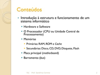 Conteúdos
   Introdução à estrutura e funcionamento de um
    sistema informático
     Hardware e Software
     O Processador (CPU ou Unidade Central de
      Processamento)
     Memórias
       Primárias: RAM, ROM e Cache
       Secundárias: Disco, CD, DVD, Disquete, Flash
     Placa principal (motherboard)
     Barramento (bus)



        TIC   Prof. Sandrina Correia                   2
 